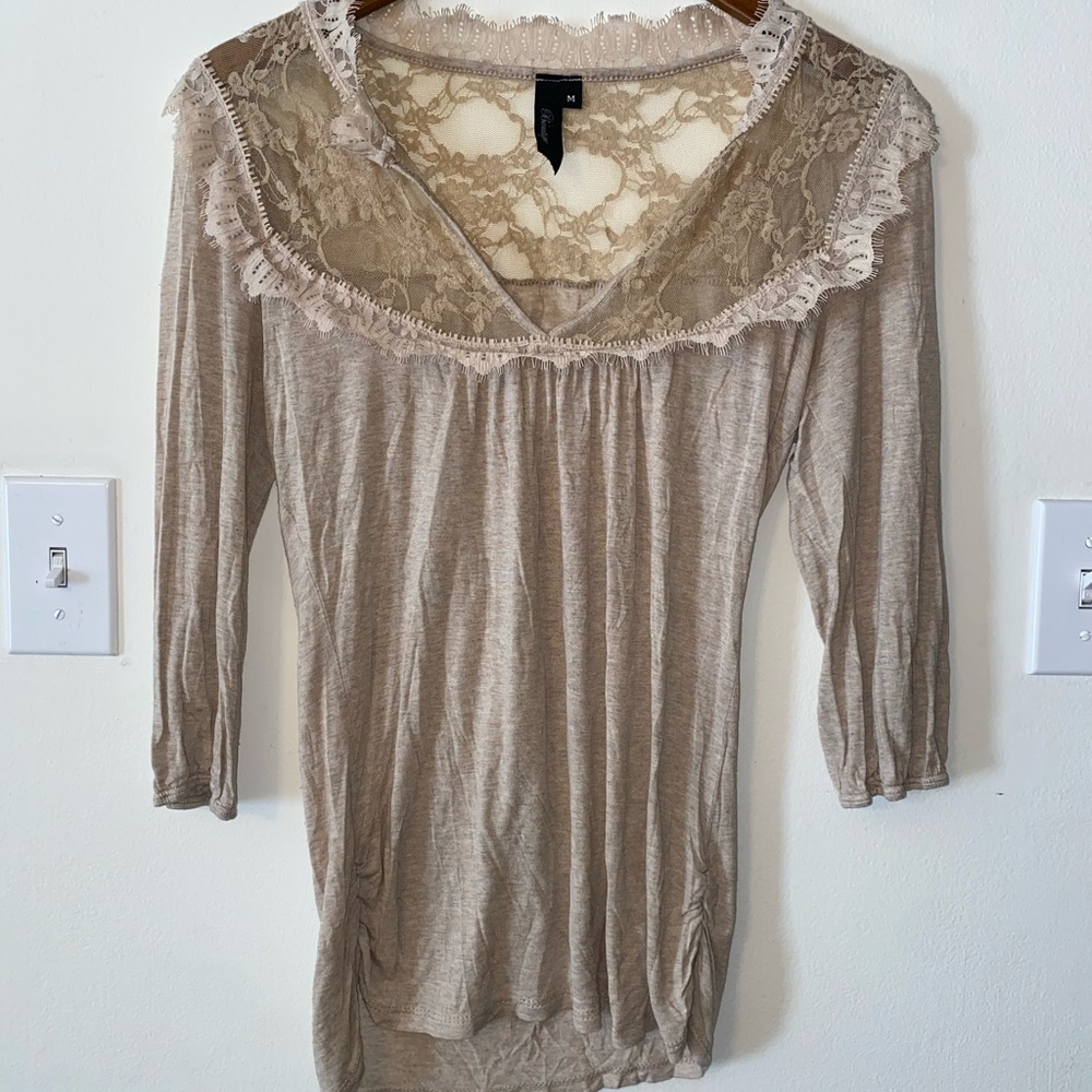 Tan blouse with lace top and cuffed arms